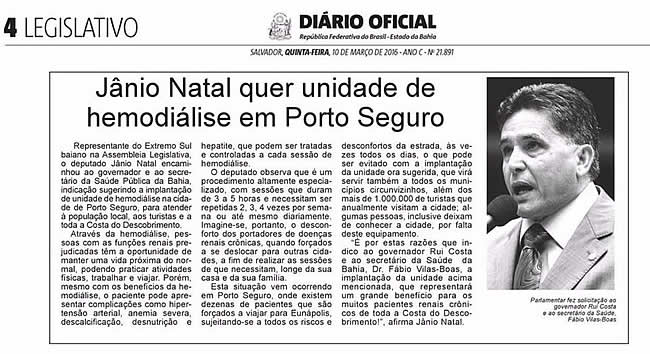 Deputado Jânio Natal renova pedido por Centro de Hemodiálise em Porto Seguro 6